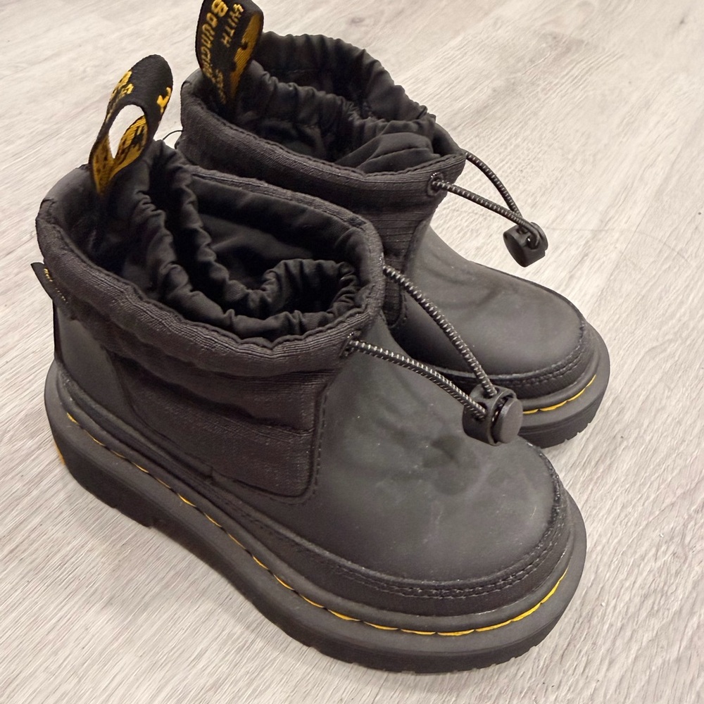 Dr. Martens Black Kids Pull-On Winter Boots with Yellow Stitching